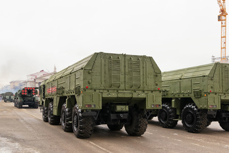 VOLGOGRAD, RUSSIA - FEBRUARY 2: Parade of military equipment on city's main square in honor of 75...