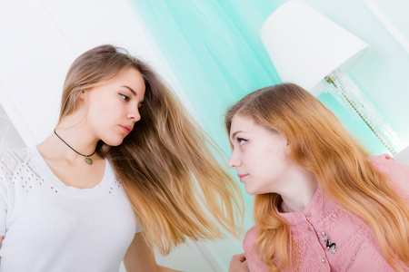 Portrait of two beautiful long-haired girls looking at each other in the fashion interior with sofa and floor lampの写真素材