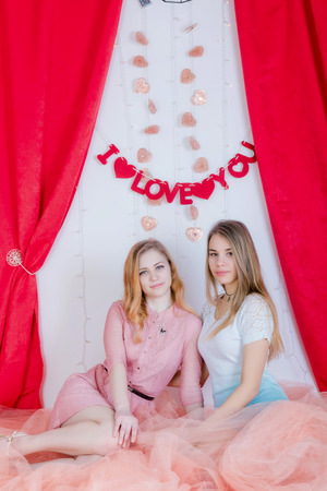 Two cute long-haired girlfriends in dresses sit and cuddle against the background of red velvet curtainsの写真素材
