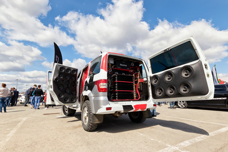 VOLGOGRAD - APRIL 21: Car with installed powerful subwoofer, amplifier and audio speakers to participate in car audio competitions. April 21, 2018 in Volgograd, Russia.のeditorial素材