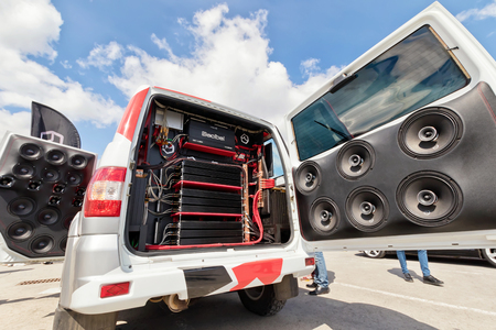 VOLGOGRAD - APRIL 21: Car with installed powerful subwoofer, amplifier and audio speakers to participate in car audio competitions. April 21, 2018 in Volgograd, Russia.のeditorial素材