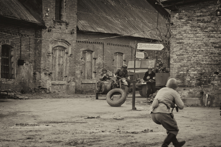 VOLGOGRAD, RUSSIA - APRIL 29: Reconstruction of battles second world war between red army and the Nazis arranged in Museum of Old Sarepta. April 29, 2018  in Volgograd, Russia.のeditorial素材
