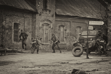 VOLGOGRAD, RUSSIA - APRIL 29: Reconstruction of battles second world war between red army and the Nazis arranged in Museum of Old Sarepta. April 29, 2018  in Volgograd, Russia.のeditorial素材