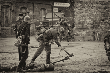 VOLGOGRAD, RUSSIA - APRIL 29: Reconstruction of battles second world war between red army and the Nazis arranged in Museum of Old Sarepta. April 29, 2018  in Volgograd, Russia.のeditorial素材