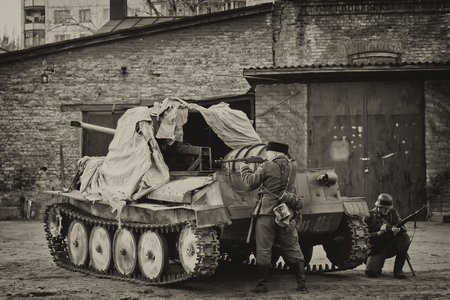 VOLGOGRAD, RUSSIA - APRIL 29: Reconstruction of battles second world war between red army and the Nazis arranged in Museum of Old Sarepta. April 29, 2018  in Volgograd, Russia.のeditorial素材