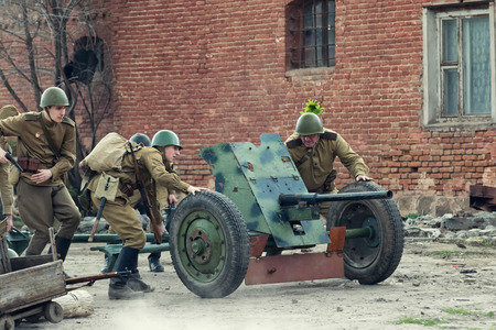 VOLGOGRAD, RUSSIA - APRIL 29: Reconstruction of battles second world war between red army and the Nazis arranged in Museum of Old Sarepta. April 29, 2018  in Volgograd, Russia.のeditorial素材