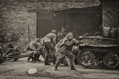 VOLGOGRAD, RUSSIA - APRIL 29: Reconstruction of battles second world war between red army and the Nazis arranged in Museum of Old Sarepta. April 29, 2018  in Volgograd, Russia.のeditorial素材