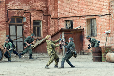 VOLGOGRAD, RUSSIA - APRIL 29: Reconstruction of battles second world war between red army and the Nazis arranged in Museum of Old Sarepta. April 29, 2018  in Volgograd, Russia.のeditorial素材