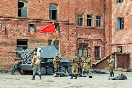 VOLGOGRAD, RUSSIA - APRIL 29: Reconstruction of battles second world war between red army and the Nazis arranged in Museum of Old Sarepta. April 29, 2018  in Volgograd, Russia.のeditorial素材