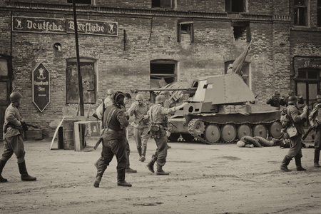 VOLGOGRAD, RUSSIA - APRIL 29: Reconstruction of battles second world war between red army and the Nazis arranged in Museum of Old Sarepta. April 29, 2018  in Volgograd, Russia.のeditorial素材