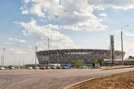 VOLGOGRAD - JUNE 5: View of the new football stadium built for the world Cup 2018 and equipped Park area with lawn, trees and engineering structures. June 5, 2018 in Volgograd, Russia.のeditorial素材