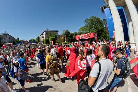 VOLGOGRAD - JUNE 18: TFootball fans of the national team of Tunisia with national flags and attributes in fanzone fanfesta before the match England-Tunisia. June 18, 2016 in Volgograd, Russia.のeditorial素材