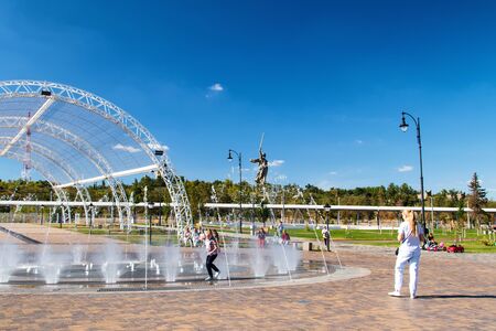 VOLGOGRAD, RUSSIA - SEPTEMBER 22: Recreation Park with a dry fountain and benches in front of the new football stadium. The view at Motherland and Mamaev Kurgan. September 22, 2018  in Volgograd, Russia.のeditorial素材