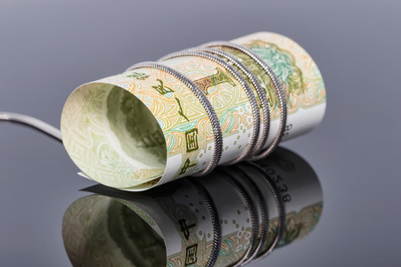 one yuan banknote is wrapped around a silver chain with a snake nettingの写真素材
