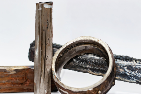 Cut from the existing pipeline defective weld welded with offset edges, non-weld and crack in the base metalの写真素材