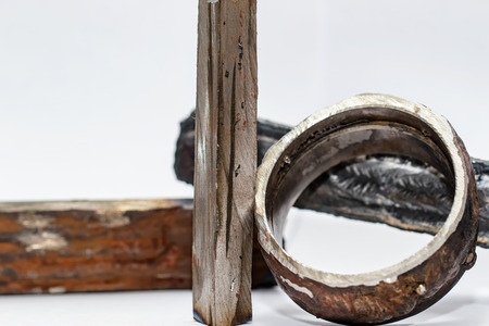 Cut from the existing pipeline defective weld welded with offset edges, non-weld and crack in the base metalの写真素材