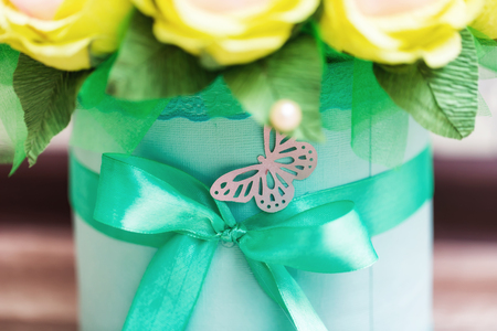 Handmade gift bouquets of paper flowers with chocolates insideの写真素材
