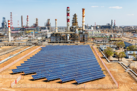 Solar panels installed on the territory of the petrochemical complex to meet the plant's own electricity needsの写真素材