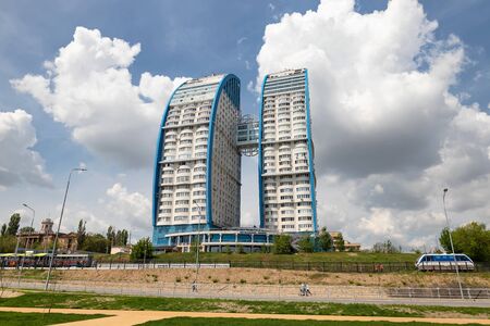 VOLGOGRAD - MAY 4: View of the residential complex Volzhskie Parusa, consisting of two buildings in the form of a sail. May 4, 2019 in Volgograd, Russia.のeditorial素材