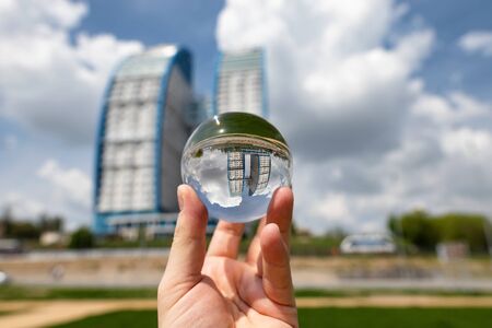 VOLGOGRAD - MAY 4: View of the residential complex Volga sails, consisting of two buildings in the form of a sail. Photo taken via lensball. May 4, 2019 in Volgograd, Russia.のeditorial素材