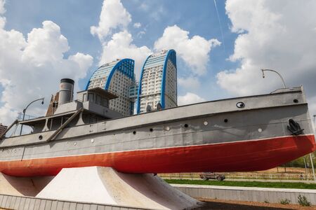 VOLGOGRAD - MAY 4: Fire steamer "Gasitel" - a monument to the Volga river basin. The ship participated in the defense of Tsaritsyn and Stalingrad. May 4, 2019 in Volgograd, Russia.のeditorial素材
