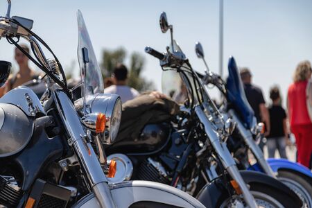 Exhibition of motorcycles in the open air in the Parking lot of the shopping centerの写真素材