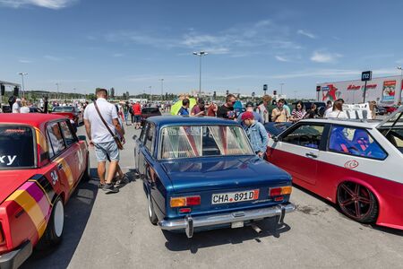 VOLGOGRAD, RUSSIA - JULY 7: The old model VAZ-2106 in the new owner's vision with modern accessories at the exhibition of tuned cars . July 7, 2019 in Volgograd, Russia.のeditorial素材