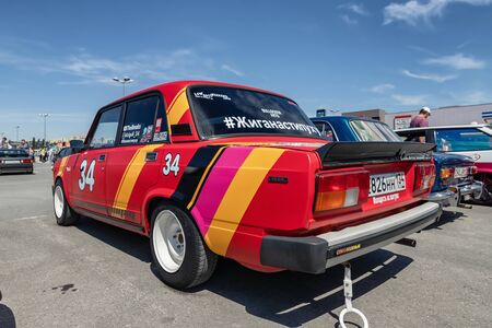 VOLGOGRAD, RUSSIA - JULY 7: The old model VAZ-2107 in the new owner's vision with modern accessories at the exhibition of tuned cars . July 7, 2019 in Volgograd, Russia.のeditorial素材