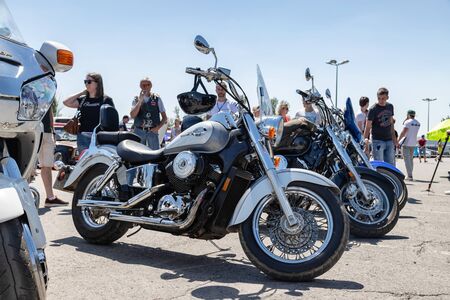 VOLGOGRAD, RUSSIA - JULY 7: Exhibition of motorcycles in the open air in the Parking lot of the shopping center. July 7, 2019 in Volgograd, Russia.のeditorial素材