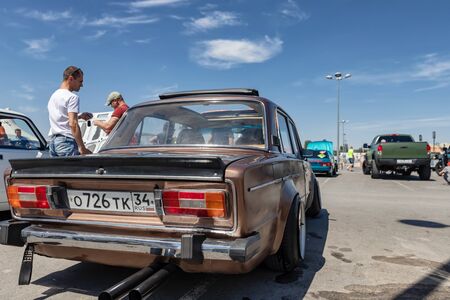 VOLGOGRAD, RUSSIA - JULY 7: The old model VAZ-2106 in the new owner's vision with modern accessories at the exhibition of tuned cars . July 7, 2019 in Volgograd, Russia.のeditorial素材