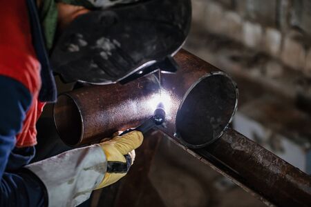 Argon arc welding control sample of carbon steel pipes. The sample is a pipe element with a pipe-to-pipe insertの写真素材