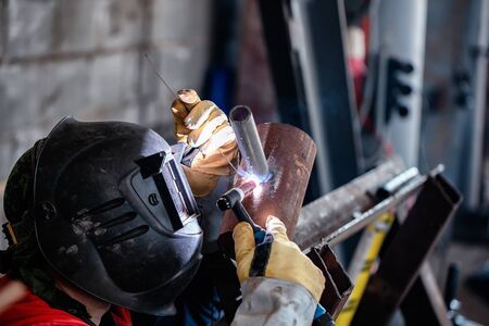 Argon arc welding control sample of carbon steel pipes. The sample is a pipe element with a pipe-to-pipe insertの写真素材