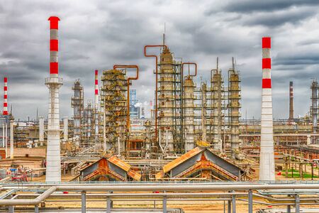 View of the new columns and chemical apparatus plant for oil refining at refineryの写真素材