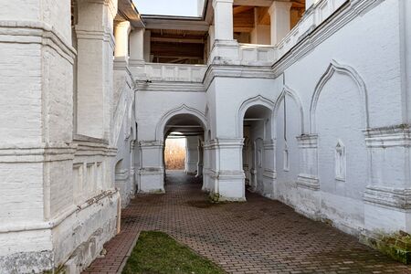 Details of the facade and architecture of the old Russian Orthodox Church: arches, stairs and decorative elementsの写真素材