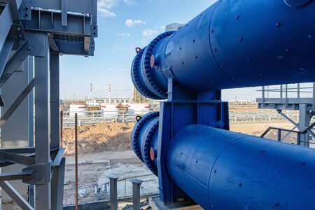 Block of new heat exchangers at the petrochemical complex installation under constructionの写真素材