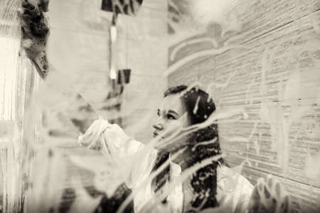 Photo session of a young couple in the style of a love story in the showerの写真素材