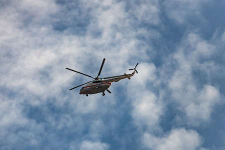 ESSENTUKI- SEPTEMBER 08: Mi-8 helicopter EMERCOM of Russia in the sky. View from the ground. September 08, 2020 in Essentuki, Russia.のeditorial素材