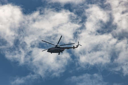 ESSENTUKI- SEPTEMBER 08: Mi-8 helicopter EMERCOM of Russia in the sky. View from the ground. September 08, 2020 in Essentuki, Russia.のeditorial素材