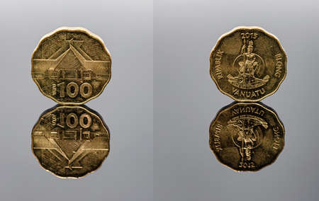 A 100 vatu coin from the island state of Vanuatu on both sides on a reflective surfaceの写真素材