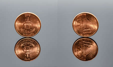 A 5 vatu coin from the island state of Vanuatu on both sides on a reflective surfaceの写真素材