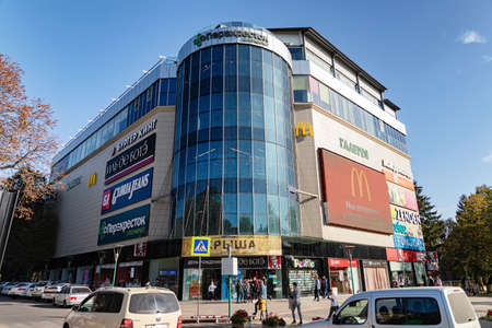 PYATIGORSK - OCTOBER 10: Facade of the shopping and entertainment complex Gallery with a large number of advertising signs. October 10, 2020 in Pyatigorsk, Russia.のeditorial素材