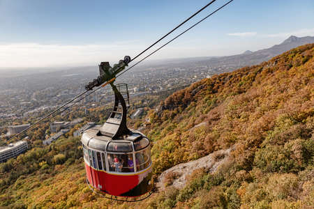 PYATIGORSK - OCTOBER 10: Cable cars for climbing to the observation deck on the top of mount Mashuk. October 10, 2020 in Pyatigorsk, Russia.のeditorial素材