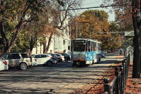 PYATIGORSK - OCTOBER 10: City tram rides through the autumn streets in the tourist center. October 10, 2020 in Pyatigorsk, Russia.のeditorial素材