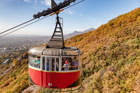 PYATIGORSK - OCTOBER 10: Cable cars for climbing to the observation deck on the top of mount Mashuk. October 10, 2020 in Pyatigorsk, Russia.のeditorial素材
