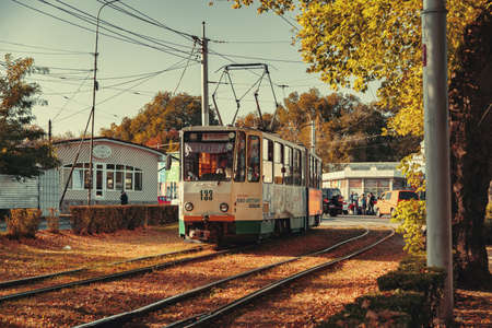 PYATIGORSK - OCTOBER 10: City tram rides through the autumn streets in the tourist center. October 10, 2020 in Pyatigorsk, Russia.のeditorial素材