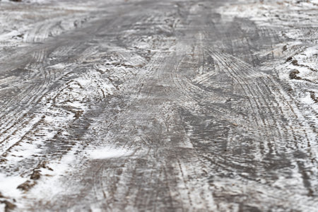 View of a dirt road after the onset of iceの写真素材