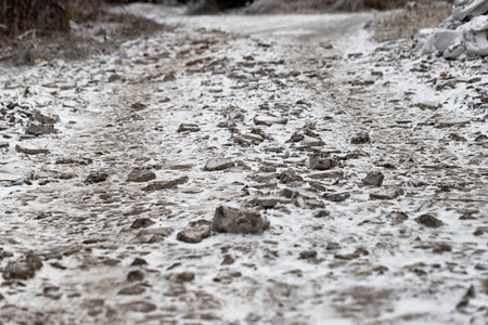 View of a dirt road after the onset of iceの写真素材
