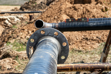 The welded pipe and flange lie on special supports in the open airの写真素材