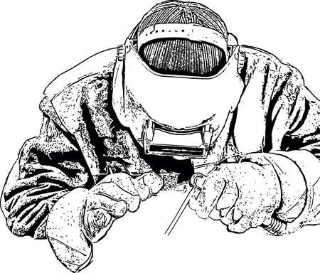 Black and white vector image of a welder in overalls and a protective mask at workのイラスト素材