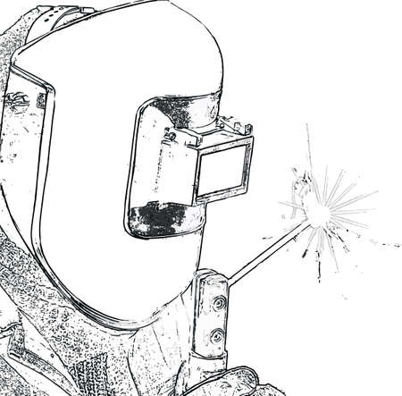 Black and white vector image of a welder in overalls and a protective mask at workのイラスト素材